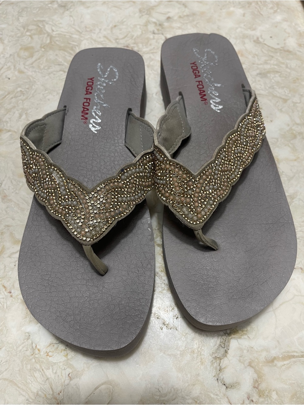 Skechers Taupe/Gray Gold & Pearl Beaded Yoga Foam Flip Flops